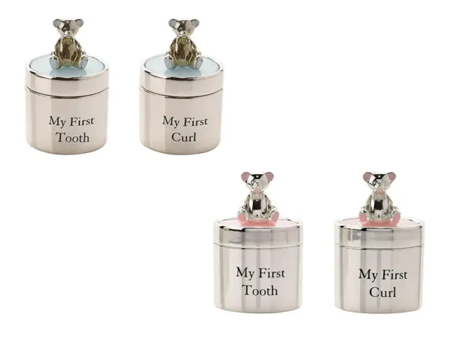 Baby Tooth & Curl Keepsake Box Gift Set Silverplated Teddy Pink Blue Christening