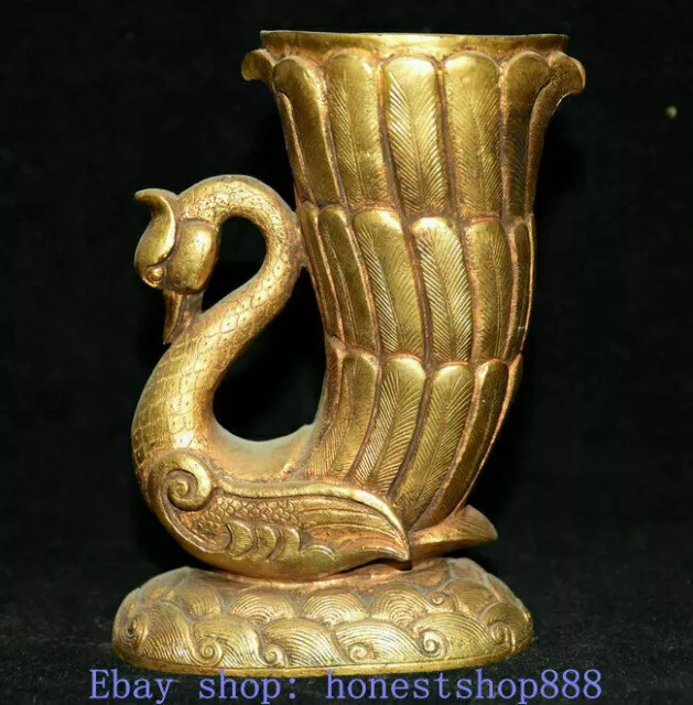 5" China Old Bronze 24K Gilt Dynasty Phoenix Bird Zun Drinking Vessel Pot Cup