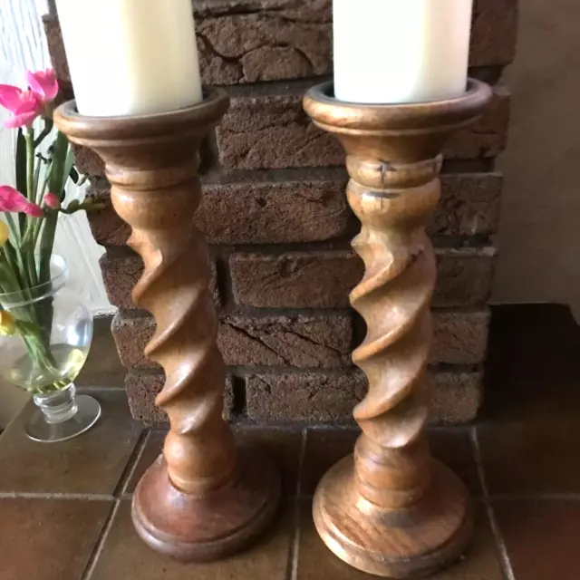 Pair of Turned & Twisted Wooden Candlesticks