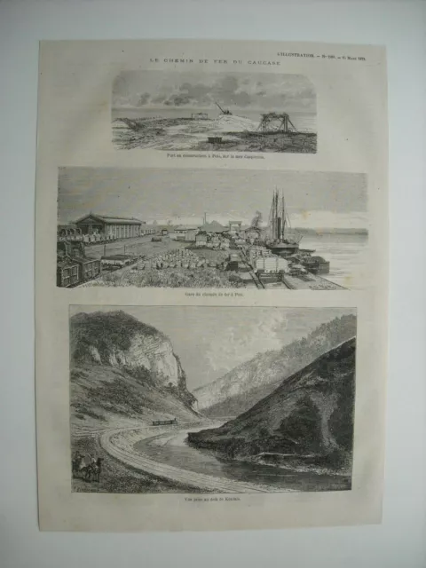 Gravure 1873. Chemin De Fer Du Caucase. Port En Construction A Poti. Gare Poti.