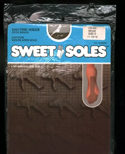 Sweet Soles Daytime Sheer Gartered Stockings Sz 11 1/2 - 12 Dk Beige Cotton Sole