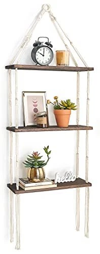Macrame Wall Hanging Shelf 3 Tier Wood Floating Shelves with Cute Woven Rope