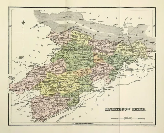 Linlithgow Karte Shire by W H Lizars original farbgraviert 1865