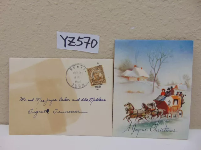 Vintage Christmas Card-Envelope-Stamp 1930'S Horse & Stagecoach Carriage-Snow