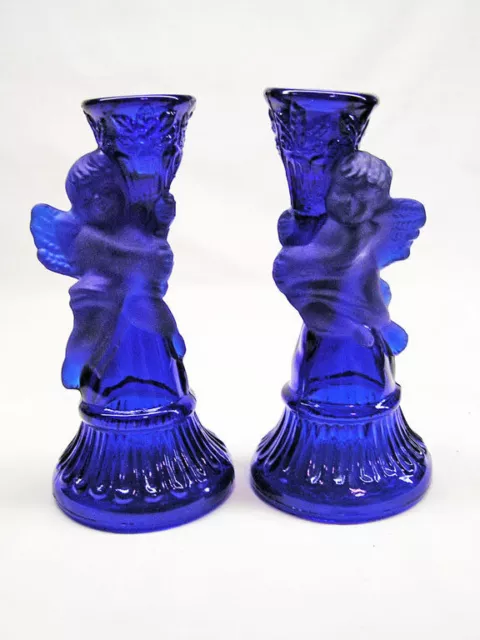 Pair Cherub Candlesticks - Cobalt Blue Glass with Frosted / Matt Finish Cherubs