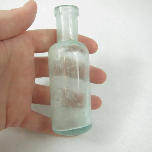 Antique mid-1800s Natural Green Glass Bottle 4" Blown In Mold - Lots of Bubbles!
