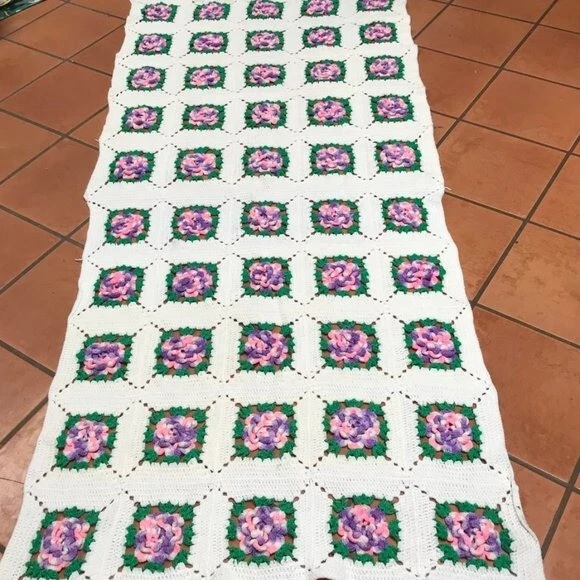 Floral Vintage Afghan Crochet Granny Square Throw Blanket Country prairie 46x108