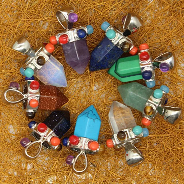 10pcs/lot Natural Mixed Seven Chakras Hexagonal Column Stone Necklace Pendant