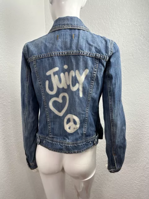 Juicy Couture Denim Jacket Distressed Jean Vintage Y2K USA Made Graffiti Sz M 3