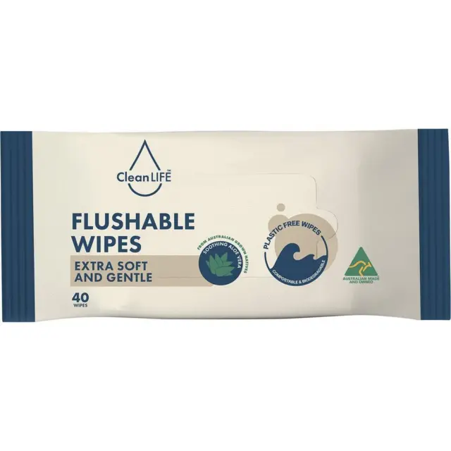 CleanLIFE Flushable Plastic Free Wipes, Extra Soft and Gentle, 40's