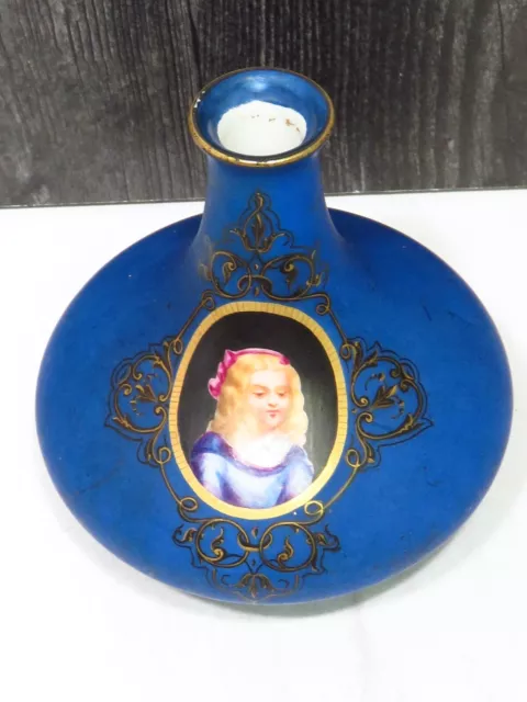 Antique Victorian Porcelain Hand Painted Portrait Bud Vase Girl Child Blue 5"
