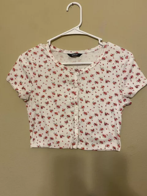 SHEIN White Floral Print Button Up Crop Top Size S - NWOT