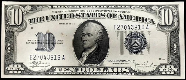 1934 C United States $10 Dollar Silver Certificate Note Fr. 1704