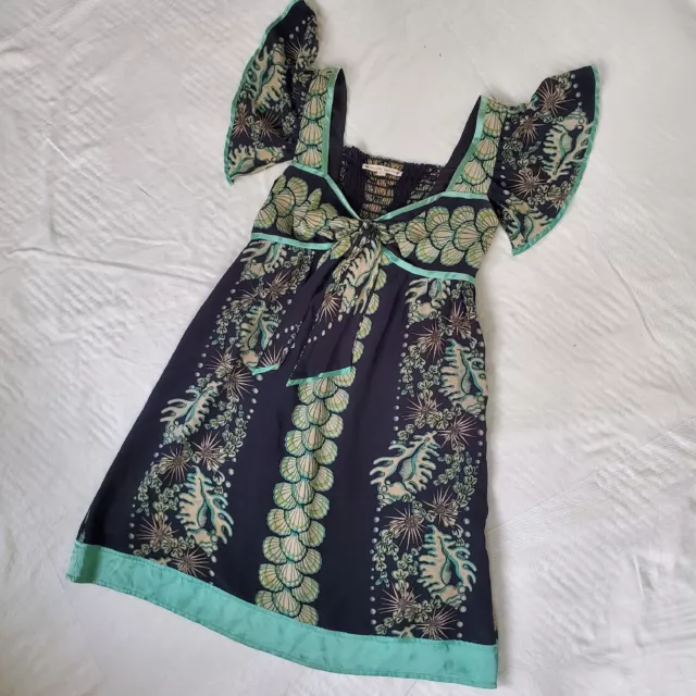 Nanette Lepore silk dress size 4 black aqua  mermaidcore seashell print a-line