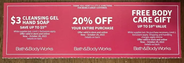 Bath And Body Works Coupon - 20% Off; $3 Gel Hand Soap - Store Online Exp 10/29