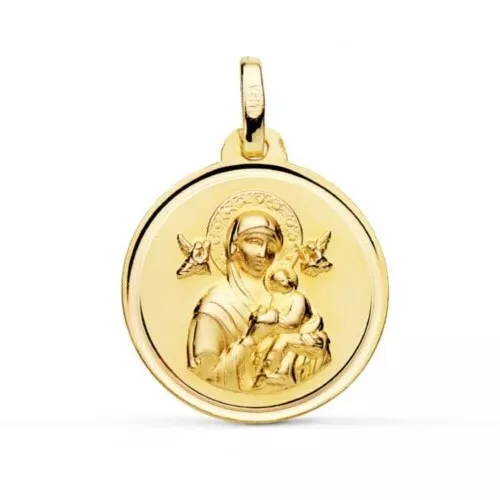 Pendente Oro 18k 750 Mls. Medaglia Vergine Perpetuo Rilievo 18 Mm. 2,15 Grammi