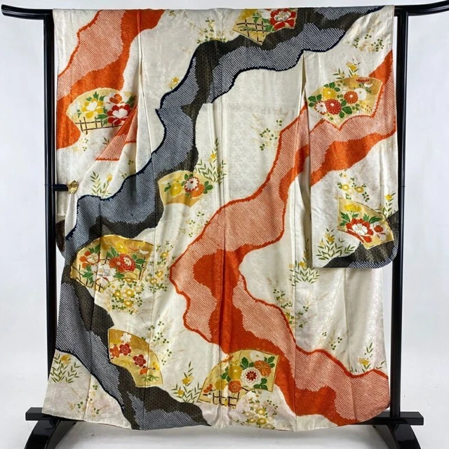 Japanese Kimono Furisode Pure Silk Fan Surface Autumn Grass Embroidery Cream