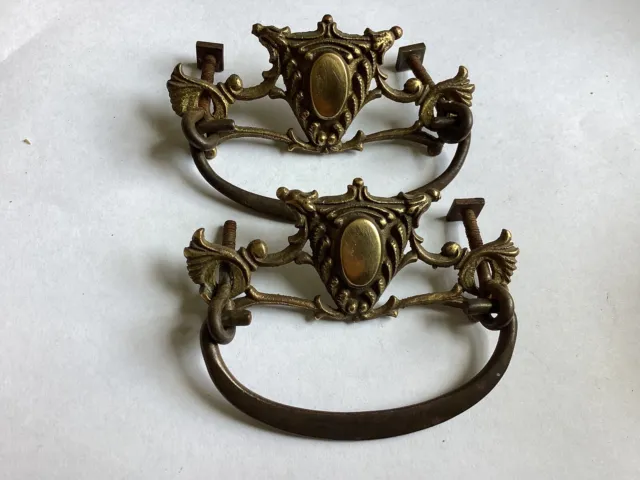 Qty 2 Antique Cast Brass Victorian Drop Bail Drawer Pulls w/Hardware 3" Centers