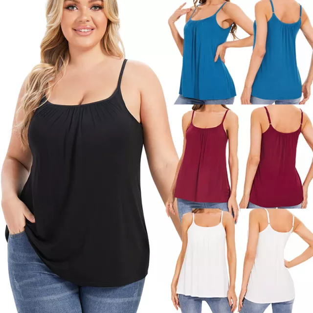 UK Womens Camisole with Built in Shelf Bra Spaghetti Strap Vest Padded Tank  Tops