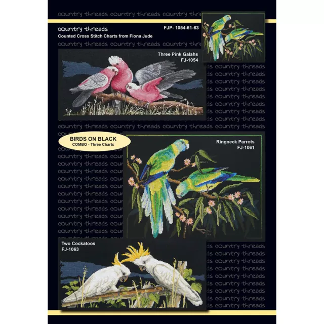 Birds on Black cross stitch chart, optional Zweigart aida & DMC thread