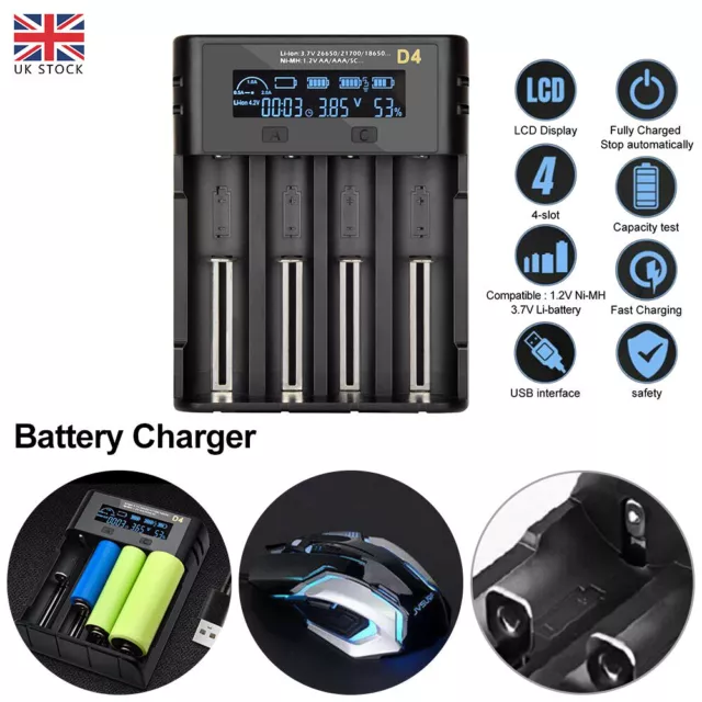 For 3.6V/3.7V Li-ion Batteries 4 Slots LCD Display Smart USB Battery Charger New