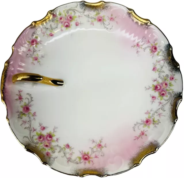 Vintage Lefton China Hand Painted Pink Flowers Trinket Dish Gold Trim 6" KF1379R