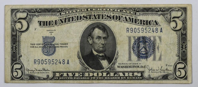 1934 D - 5 Dollar Blue Seal Silver Certificate United States Note