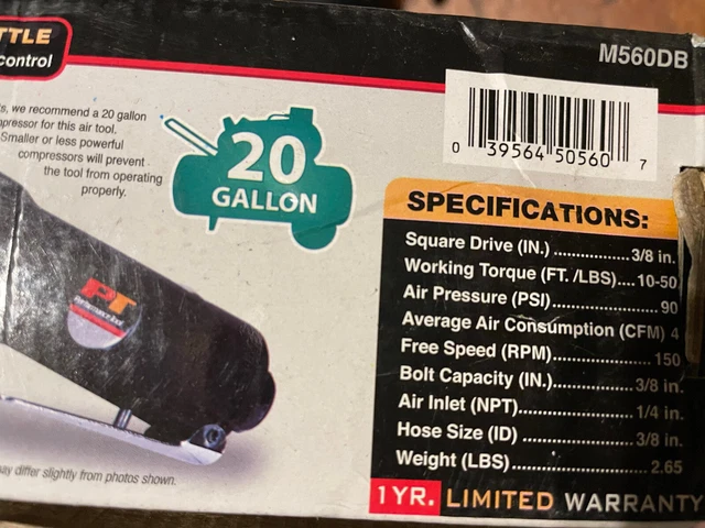 Performance Tool Air Ratchet 3/8" Drive 10-50 Ft lbs Torque M560DB 3
