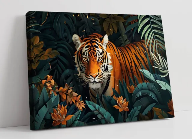 Folk Art Of Tiger In A Jungle 1 -Premium Deep Framed Canvas Wall Art Print