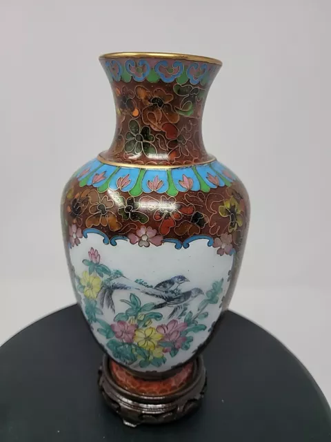 Chinese Floral Enamel Cloisonne Vase 8” 🐦 Bird Flowers ⛰️ With Stand