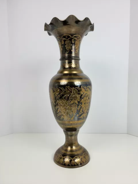 BEAUTIFUL 18 1/2"T Brass Vase Urn RUFFLED Rim HAND ENGRAVED INDIA Vintage Antiqu