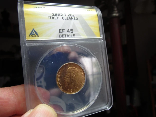Gold - 1862-T  Italy Emmanuele 2  Anacs  Ef 45 Details  20 Lira  Agw .1867