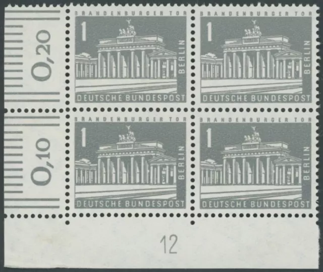 BERLIN 1957, 1 Pf. Brandenburger Tor mit Druckereizeichen, untere linke Ecke