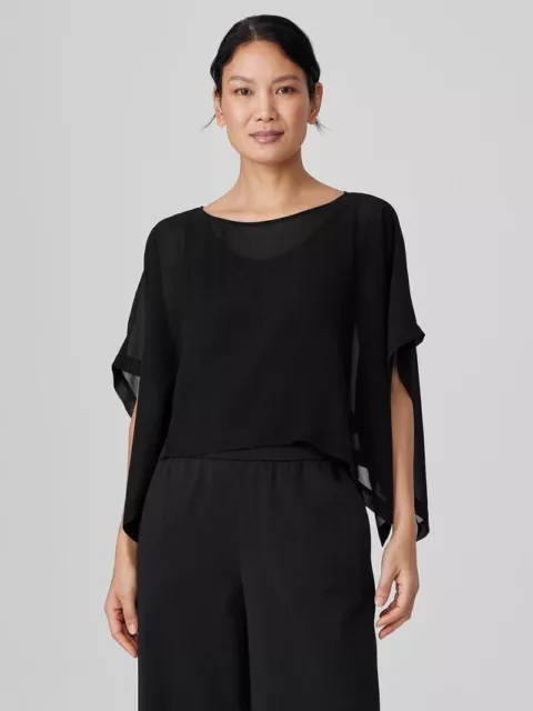 EILEEN FISHER SHEER Silk Georgette Poncho Top Size Small Black EUC $178 ...