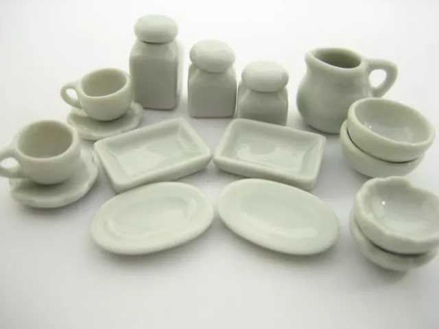 Mixed 16 White Coffee Tea Set Plate Bowl Dollhouse Miniatures Ceramic Set 13353