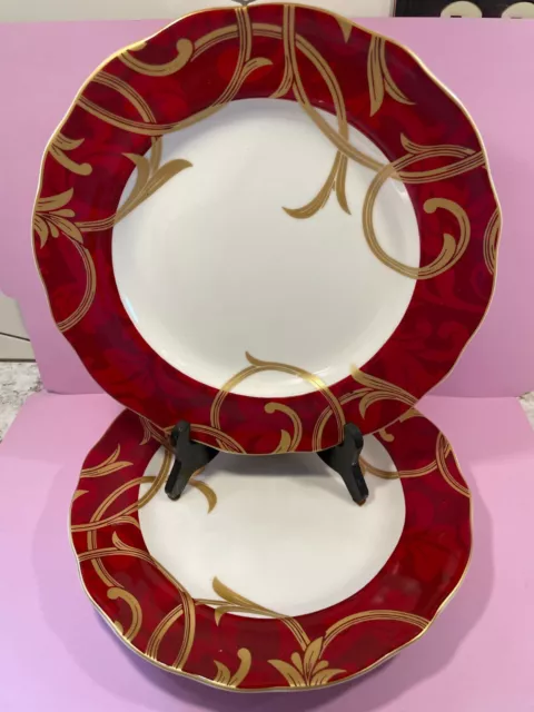 Pier One 1 Crimson Chic Pattern PAIR of Dinner Plates 10 3/4"