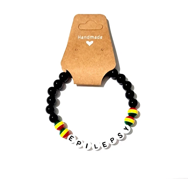 Pulsera de Alerta Médica Identificación de Advertencia UNISEX Negro y Rasta Cuentas de Acrílico Elastizadas