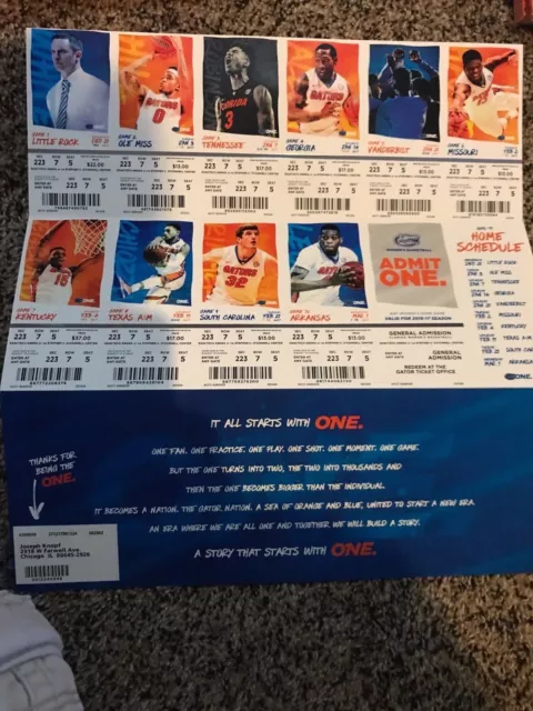 2016-17 Florida Gators College Basketball Ticket Sheet Strip Stubs