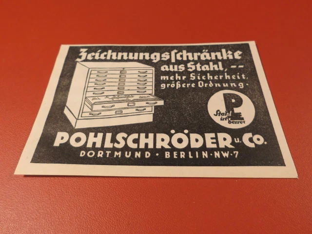 POHLSCHRÖDER u. CO. Dortmund Berlin,Stahl- Zeichnungsschränke :Werbeanzeige 1938