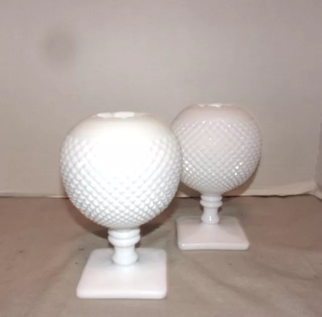 Westmoreland Footed Spherical Milk Glass Ivy Vase w/Diamond Pattern & Stem Slots