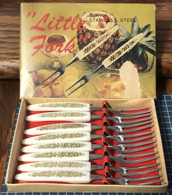 VINTAGE BOXED SET Of 8 “Little Fork” Cocktail Forks Stainless Steel