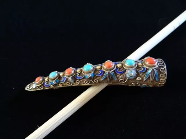 Antique Chinese Export Silver & Enamel Turquoise Coral Finger Nail Brooch Pin