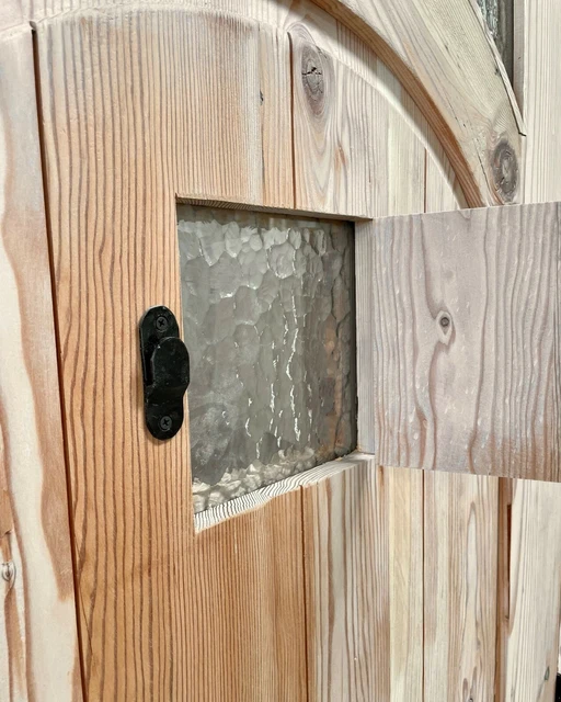 Rustic reclaimed lumber arched top door solid wood story book castle glass iron 4