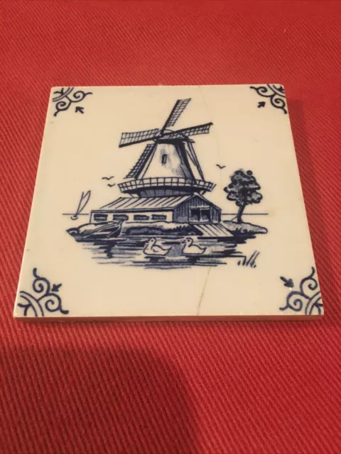 Delft Blue Delftware Hand-Painted Dutch Holland Windmill Tile 3" Vintage