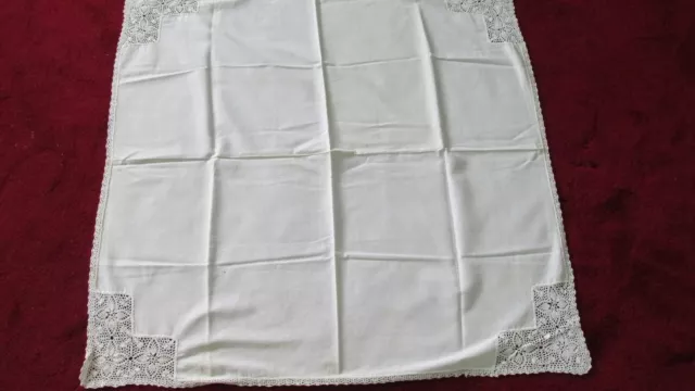 ""Luncheon Tablecloth - Ivory With Crocheted Corners"" - Vintage