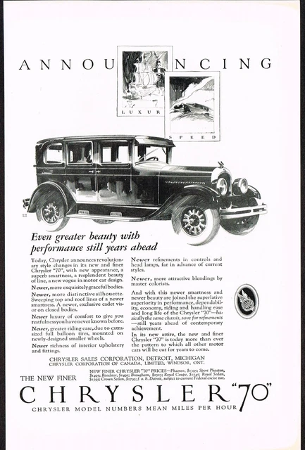 1926 Original Vintage Chrysler 70 Sedan Car Automobile Art Print Ad
