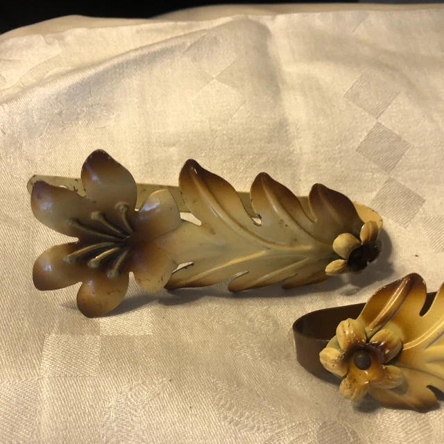 Vintage  Drapery Curtain Pull Back Ties  Embossed Metal Yellow Brown Leaf Floral 3