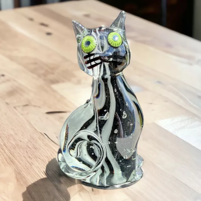 Vintage Art Glass Cat Black White Neon Green Eyes Striped Kitty Paperweight