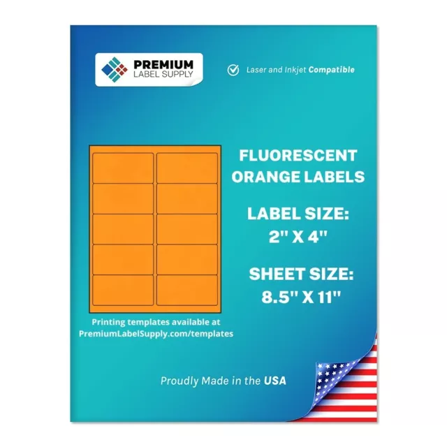 1000 Fluorescent Orange 2" x 4" Neon Color Address Labels 10 per sheet