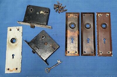 Antique Vintage Door Knob Back Plates Skeleton Key Hole Latches Lot